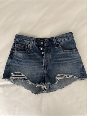 Levi 501 High-Rise Distressed Denim Shorts - Dark Blue